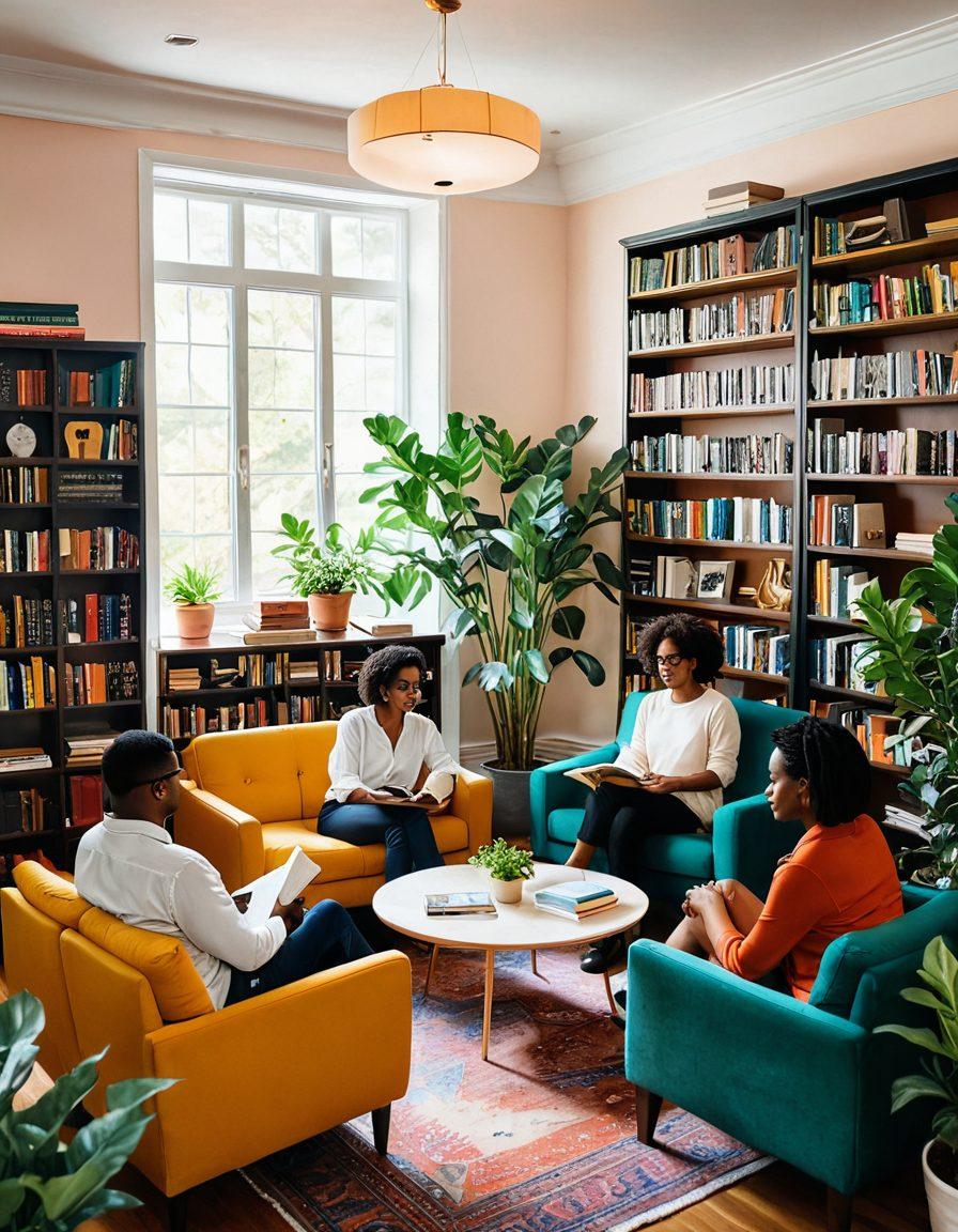 A diverse group of individuals gathered in a cozy, inviting library filled with colorful books on erotic literature and sexual health, emphasizing open discussion and a sense of community. Include elements like comfortable seating, warm lighting, and decorative plants, symbolizing a positive atmosphere. The characters should reflect various backgrounds, showcasing inclusivity and acceptance. soft illustration. warm colors. inviting ambiance.