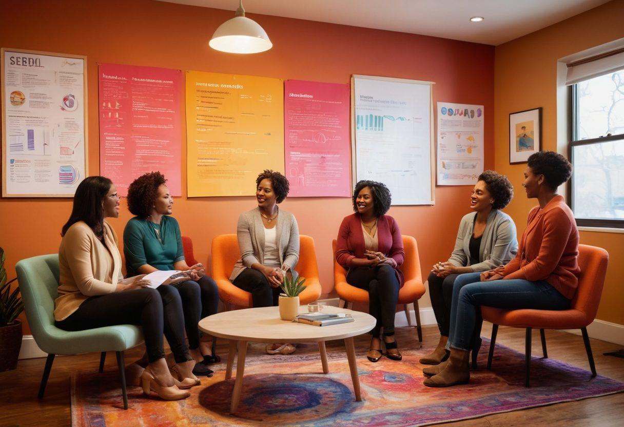 A vibrant and engaging composition depicting a diverse group of professionals from the adult industry engaged in discussions about sexual wellness, showcasing different age groups and ethnicities. The background features educational elements like charts or infographics about sexual health. Include soft lighting to create an inviting atmosphere, emphasizing openness and understanding. The overall theme should feel warm and inclusive, encouraging positive conversations about sexuality. super-realistic. vibrant colors. educational style.