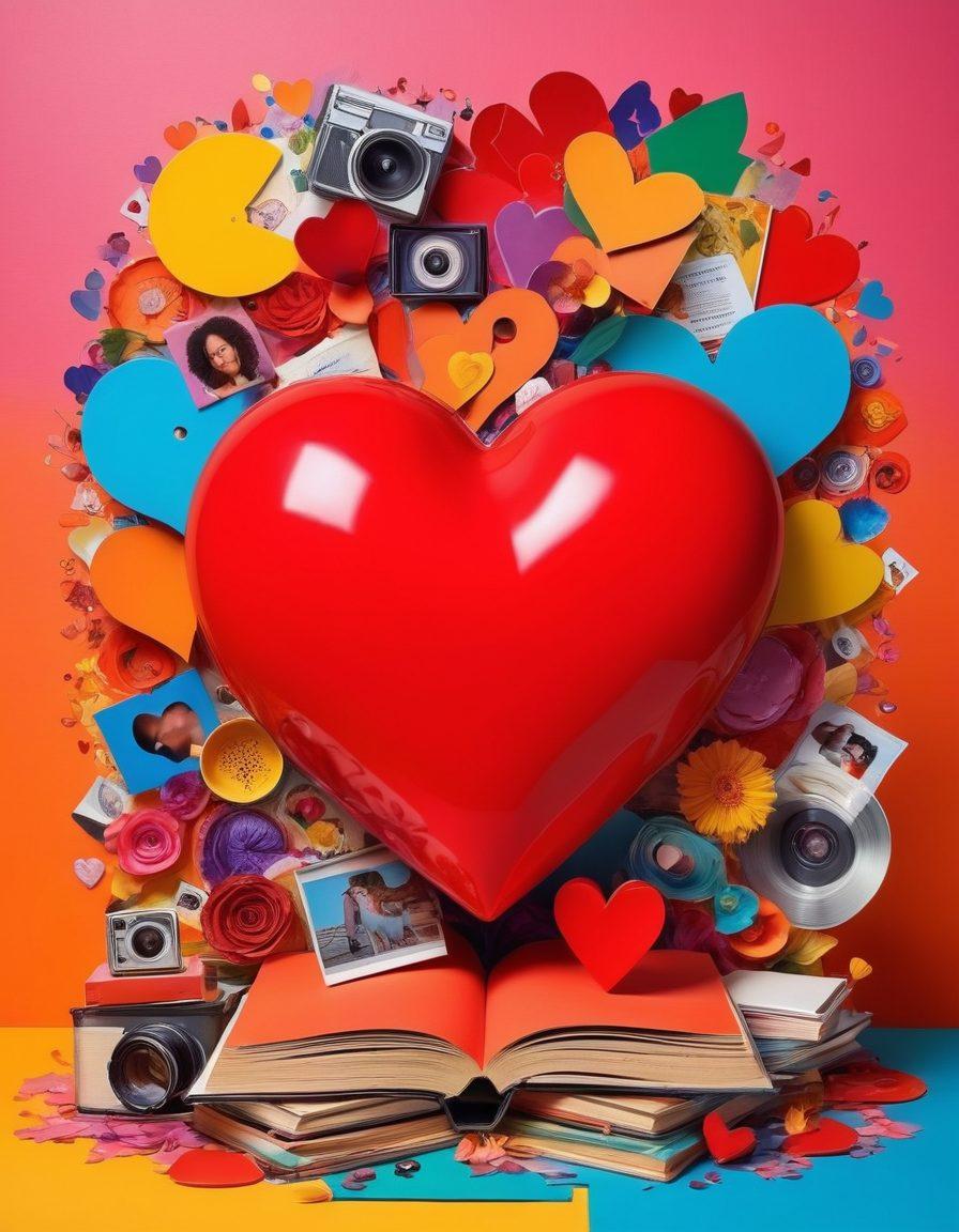 A vibrant and colorful collage showcasing various symbols of sexual wellness, such as heart shapes, open books, and diverse couples enjoying intimate moments. Include abstract representations of emotions and consent, intertwined with artistic representations of adult media like film reels and magazines. The backdrop should be radiant, blending hues that represent the spectrum of human experiences. 3D. vibrant colors.